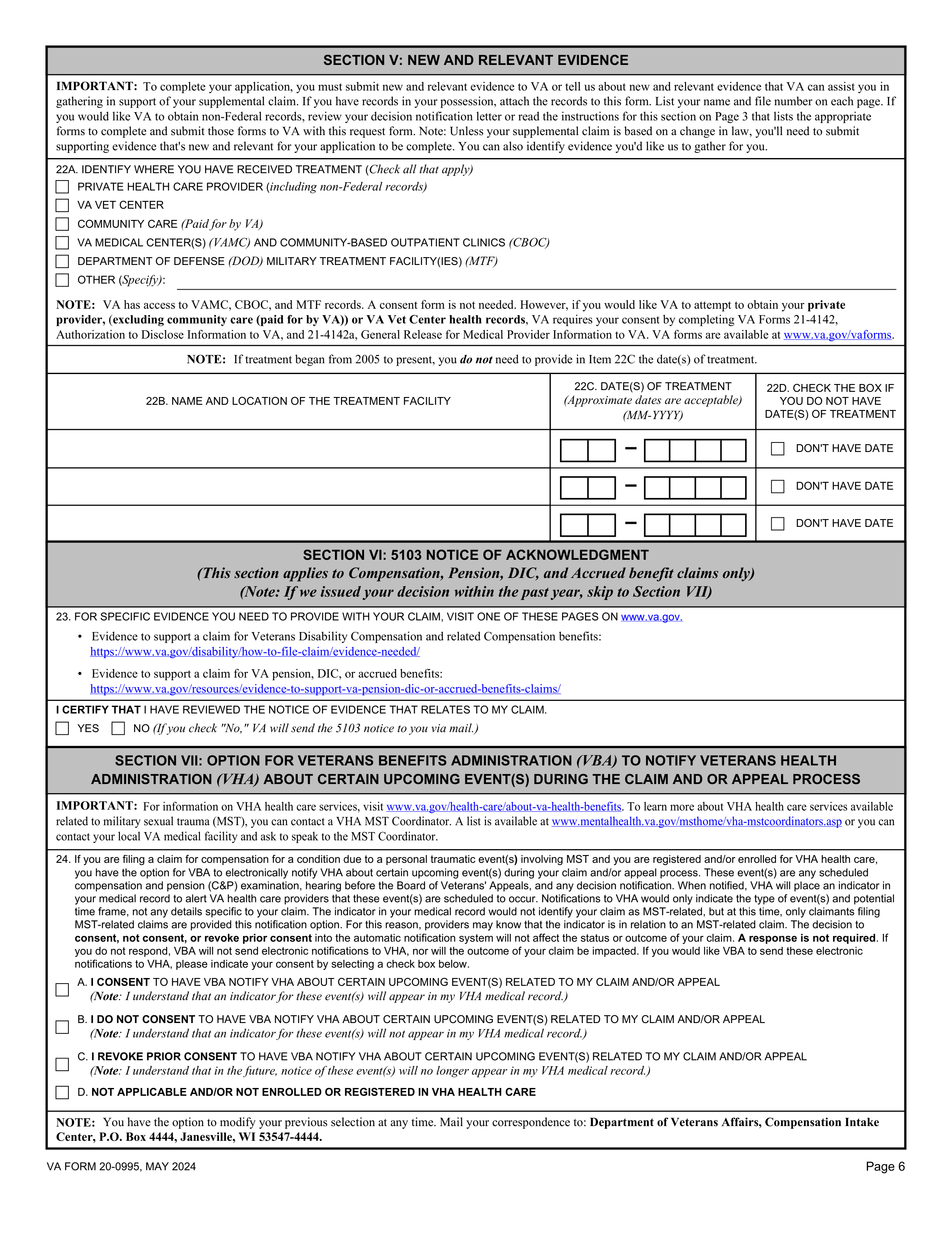VA Form 20-0995, page 6, Section V new and relevant evidence, Item 22