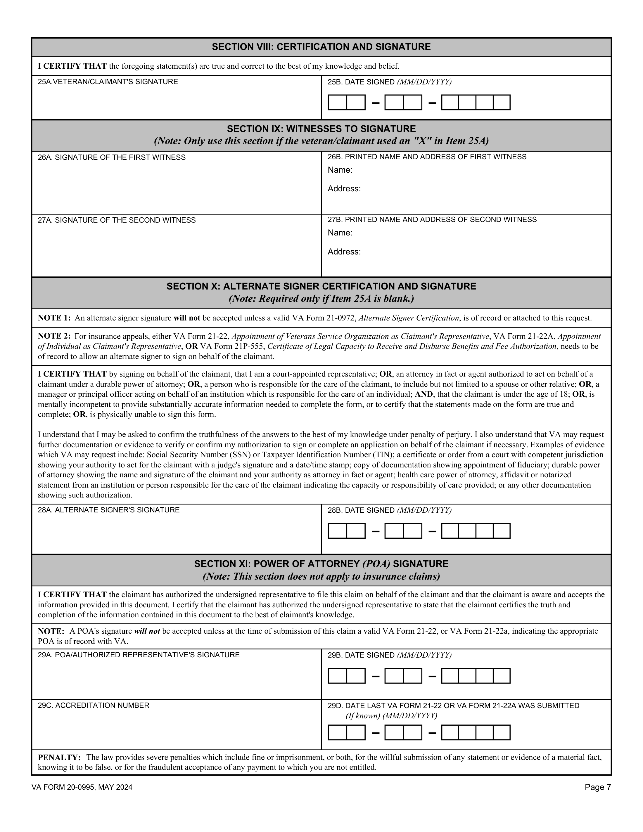 VA Form 20-0995, page 7, Section VIII certification and signature