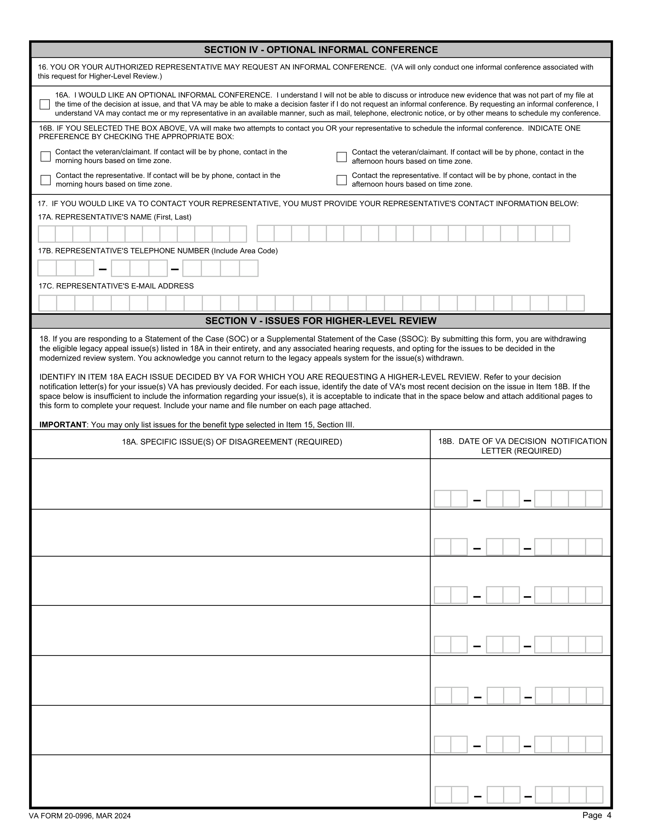 VA Form 20-0996, page 4, Section IV Optional Informal Conference, Item 16A checkbox