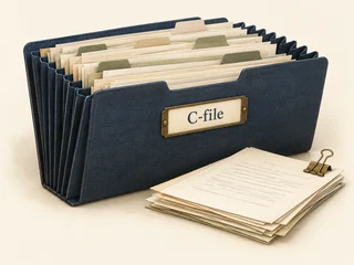 A claims file folder with tabbed dividers