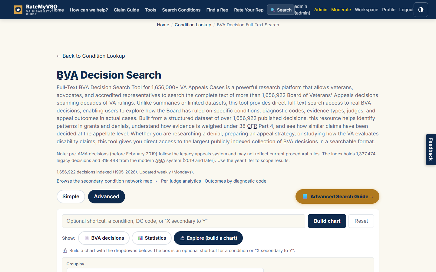 The Explore chart-builder controls in the Advanced view. Dropdowns for Group by, Segment by, Measure, Min volume, Sort by, and Show top, each with a short plain-language note underneath explaining what it does. Below them, the filter row with Year, Condition, Secondary to, Branch, How claimed, Nexus finding, Decided on element, SMC level, and Appeals system.