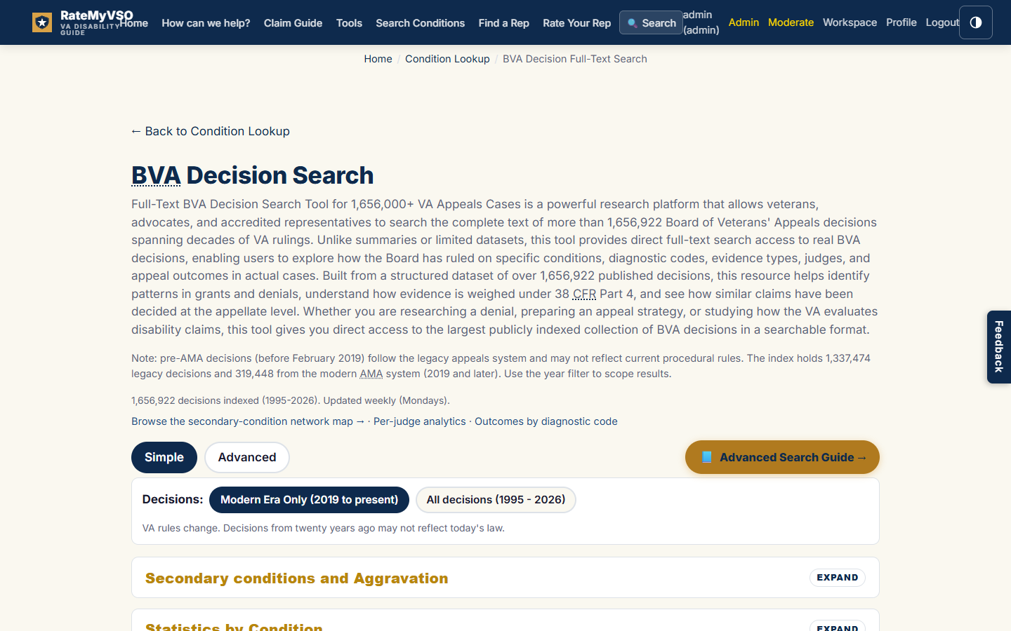 The Simple view of BVA Decision Search. At the top, a Simple and Advanced toggle with Simple selected, and Decisions pills reading Modern Era Only (2019 to present) and All decisions (1992 - 2026). Below are four collapsible sections with gold titles, each with an Expand or Collapse label: Secondary conditions and Aggravation, Statistics by Condition, Deeper questions, and Decision Text and specific scenarios. The first section is expanded, showing a question with a condition input box and a Search button.