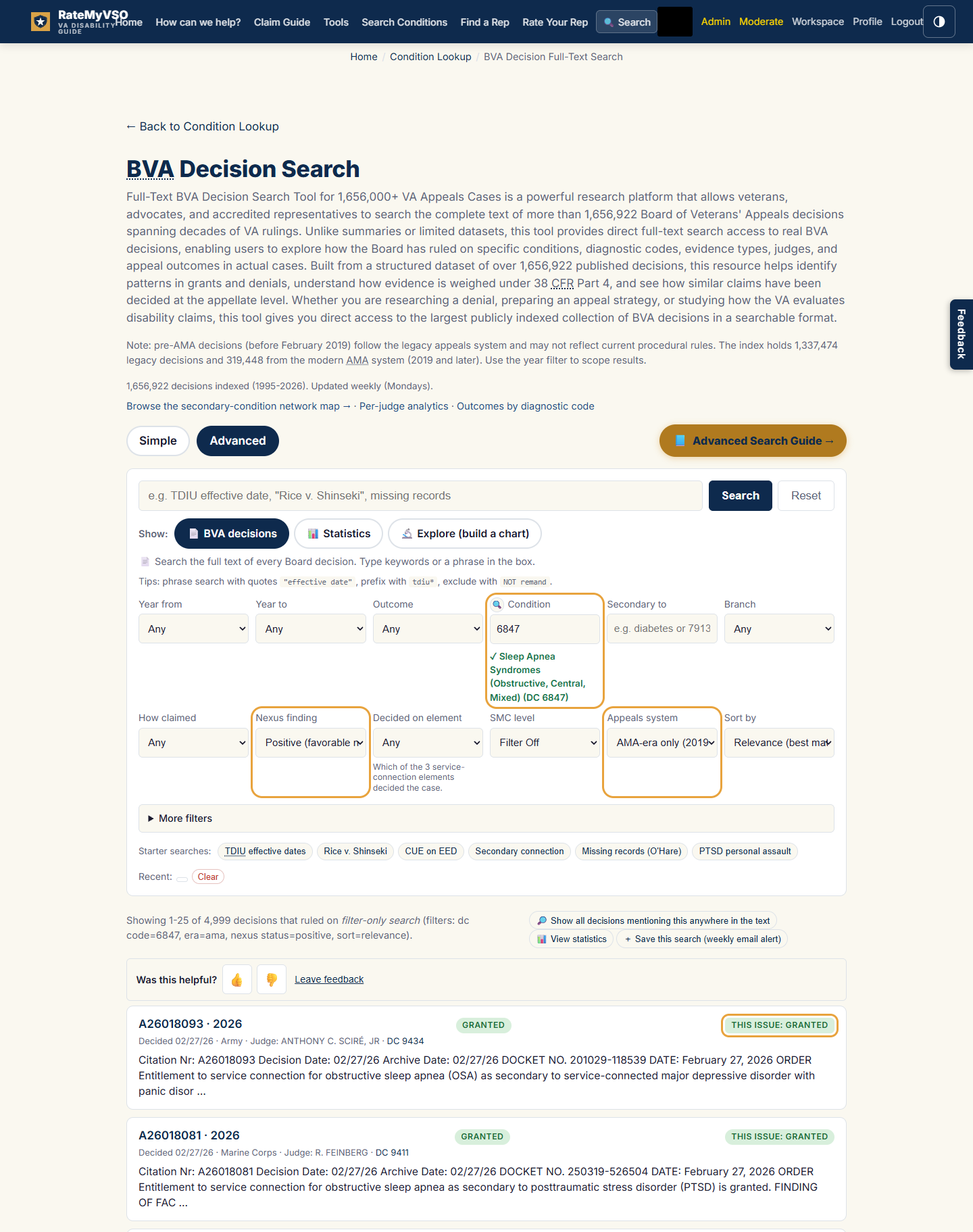 The BVA decisions form filled for this recipe, with the changed fields highlighted. The Condition box reads 6847 with a confirmation reading Sleep Apnea Syndromes, Nexus finding is Positive (favorable nexus), and Appeals system is AMA-era only. Below the form, result cards each show the decision outcome plus a highlighted badge reading this issue: granted.