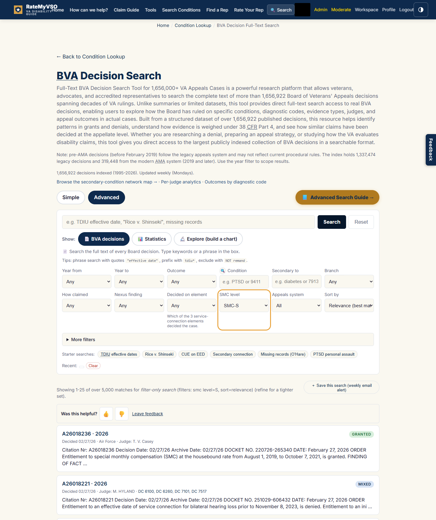 The BVA decisions form with the SMC level field highlighted and set to SMC-S. Below the form, result cards show decisions ruling on special monthly compensation at the housebound rate.