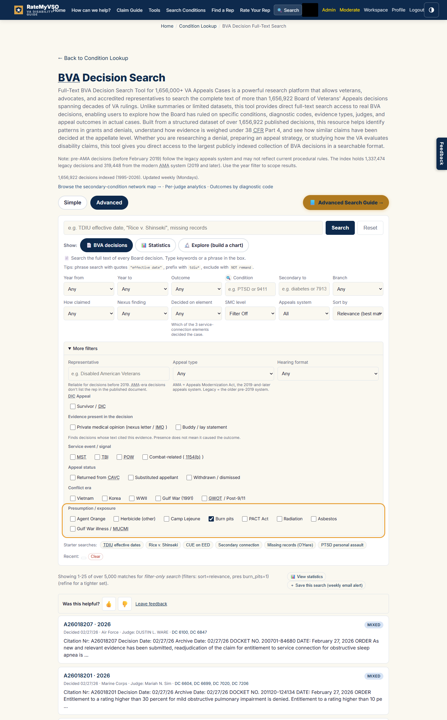 The BVA decisions form with the More filters panel open and the Presumption or exposure group highlighted, the Burn pits checkbox checked. Below the form, result cards show burn pit exposure decisions.