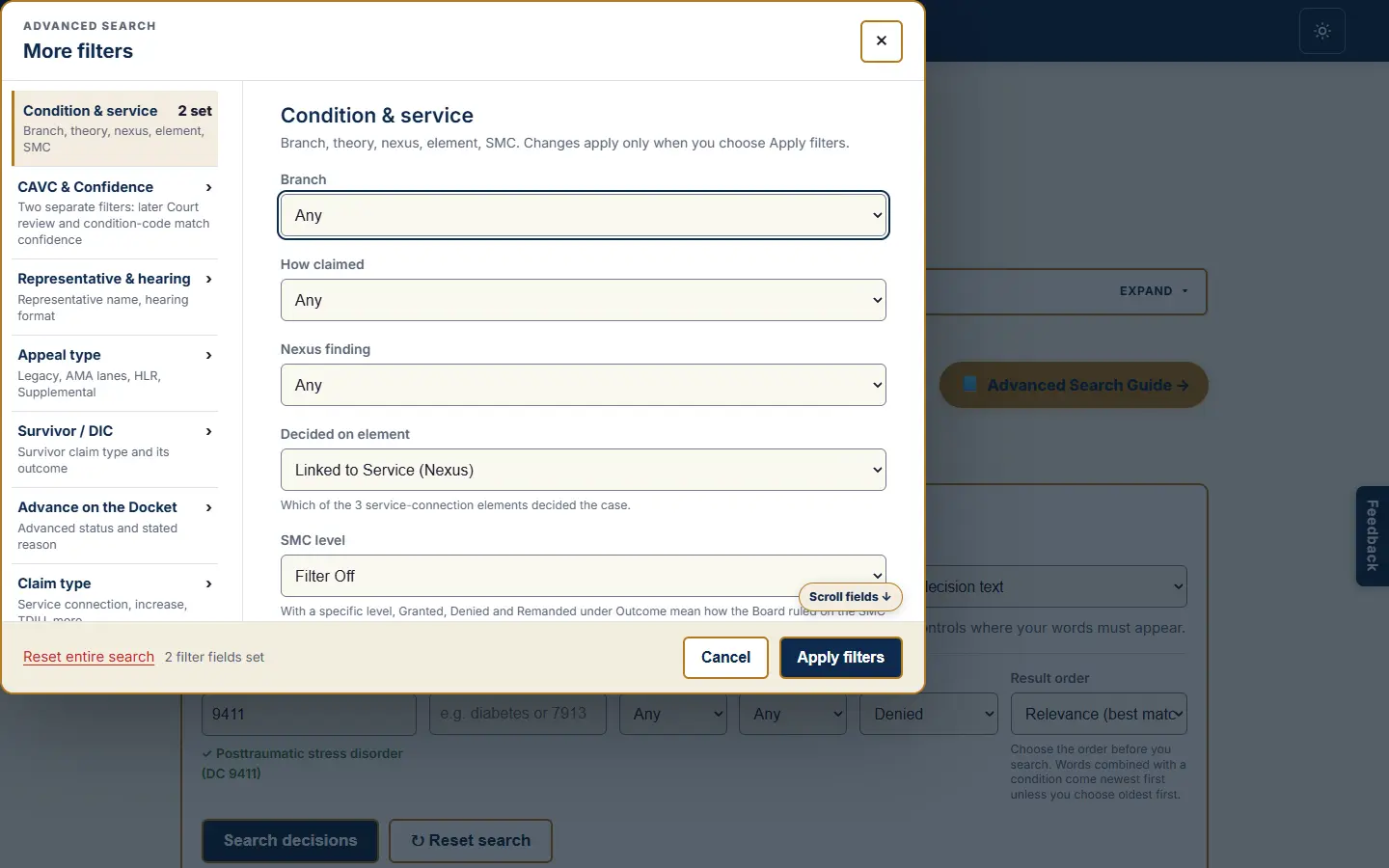 The filter editor at Condition and service with Decided on element set to Linked to service, for PTSD denials.