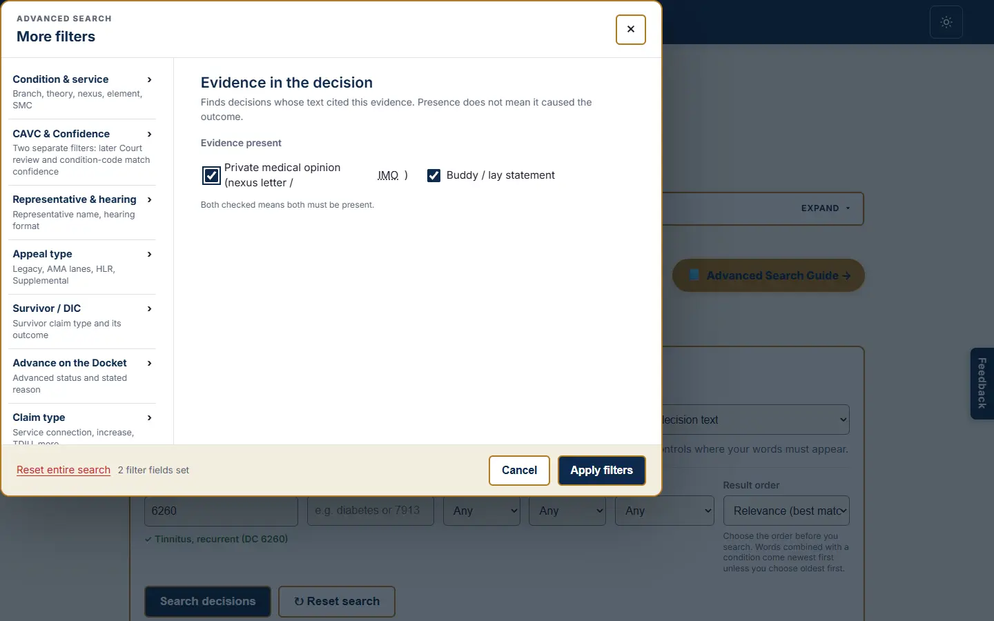 The filter editor at Evidence in the decision with both the private medical opinion and the buddy or lay statement boxes checked, for tinnitus.