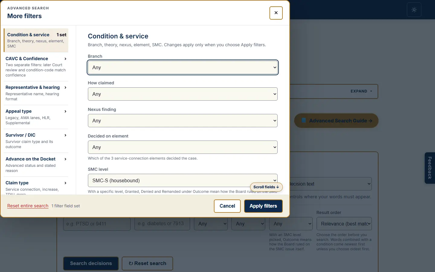 The filter editor at Condition and service with SMC level set to SMC-S.