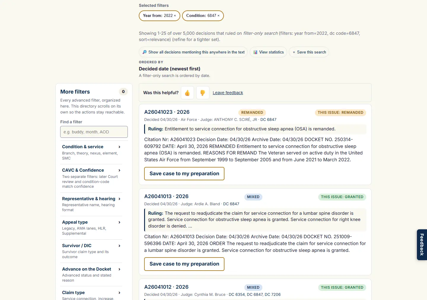 Decision results under the search surface: the selected-filter chips, the results line, the Ordered by line, and result cards each showing citation, date, judge, matched code, overall outcome, the ruling line and an excerpt.