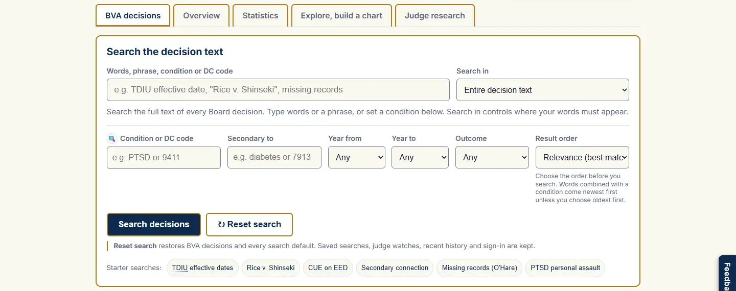 The Advanced view in BVA decisions mode: the mode tabs, the search box with Search in beside it, the common row with Condition, Secondary to, years, Outcome and Result order, and the Search decisions button. The filter rail with its 13 groups sits to the left of the output area.