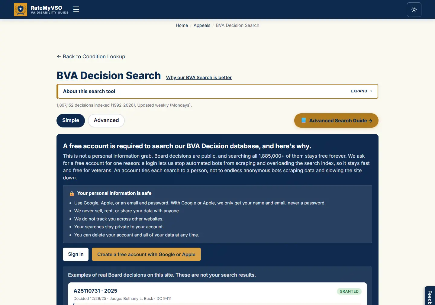 The signed-out view: the sign-in explanation, the privacy promises, the Sign in and Create a free account buttons, and the three labelled example decisions.
