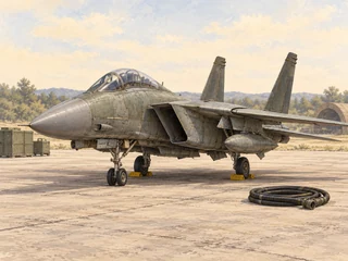 A jet on the flight line with chocks in place