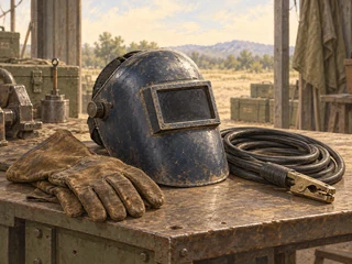 A welding hood resting on a bench