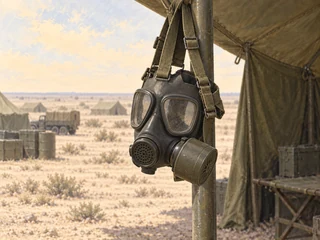A gas mask hanging on a tent pole