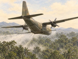 A spray aircraft low over jungle canopy
