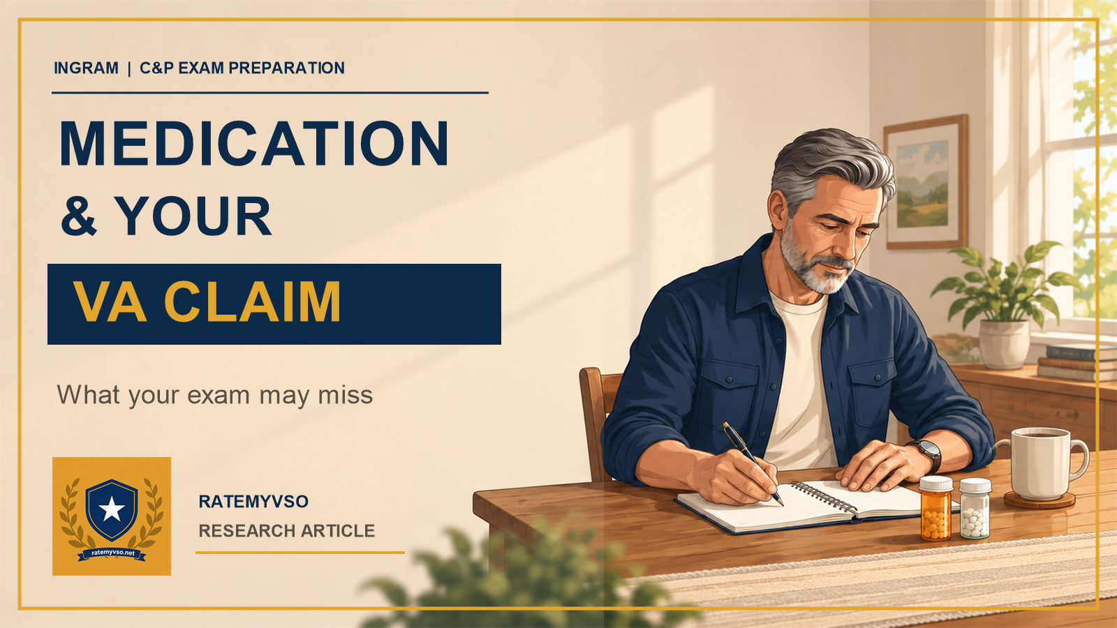 Illustration of a Veteran recording symptoms beside prescription bottles, with the headline Medication and Your VA Claim: What your exam may miss and the approved RateMyVSO emblem.