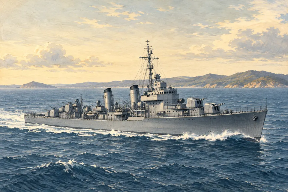 Illustration of a generic naval destroyer underway at sea