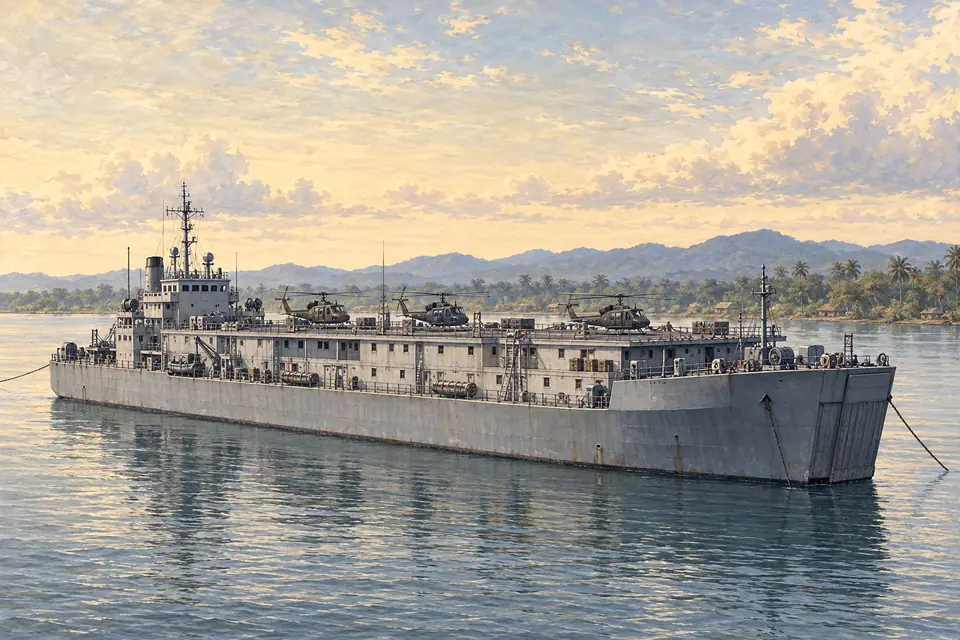 Illustration of a self-propelled barracks ship.