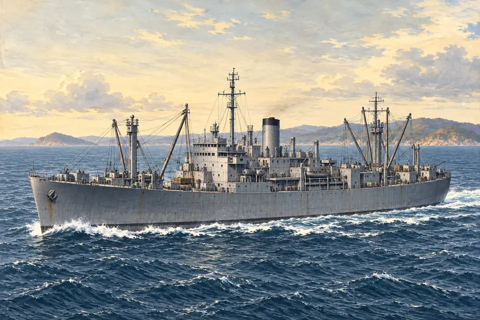 Illustration of an internal combustion engine repair ship.