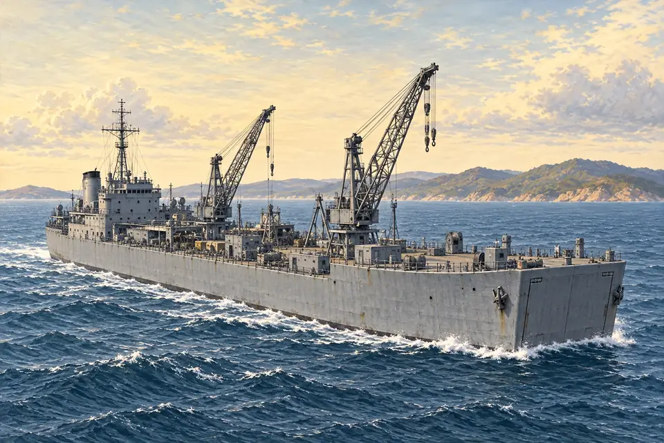 Illustration of a landing craft repair ship.