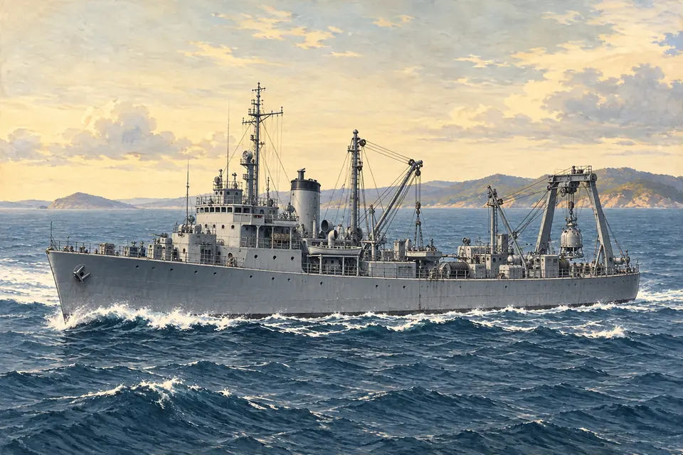 Illustration of a submarine rescue ship.