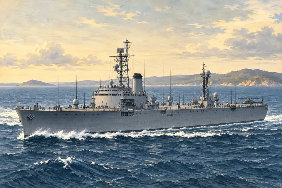 Illustration of an amphibious command ship.