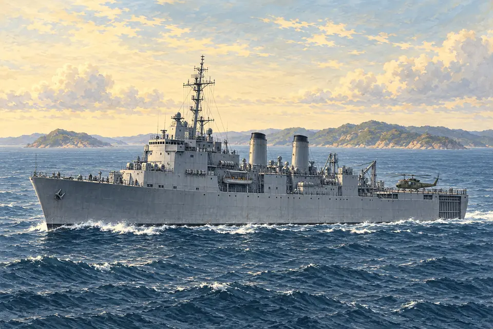 Illustration of an amphibious transport dock.
