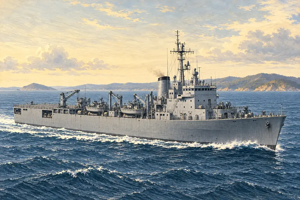 Illustration of a mine countermeasures support ship.