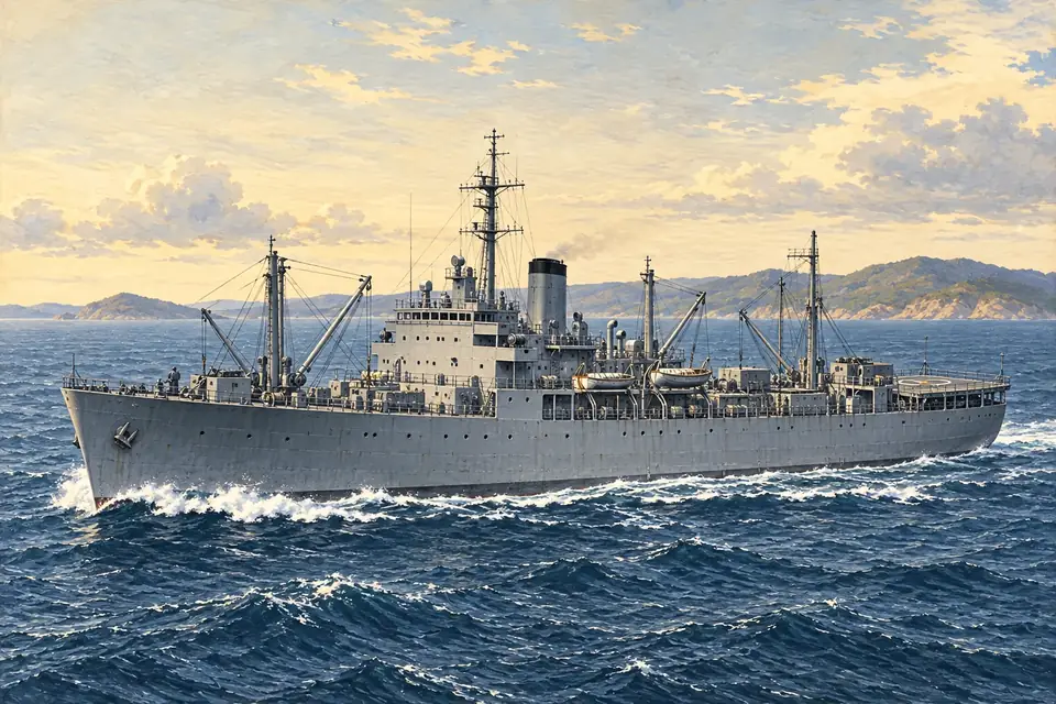 Illustration of a mine countermeasures support ship.