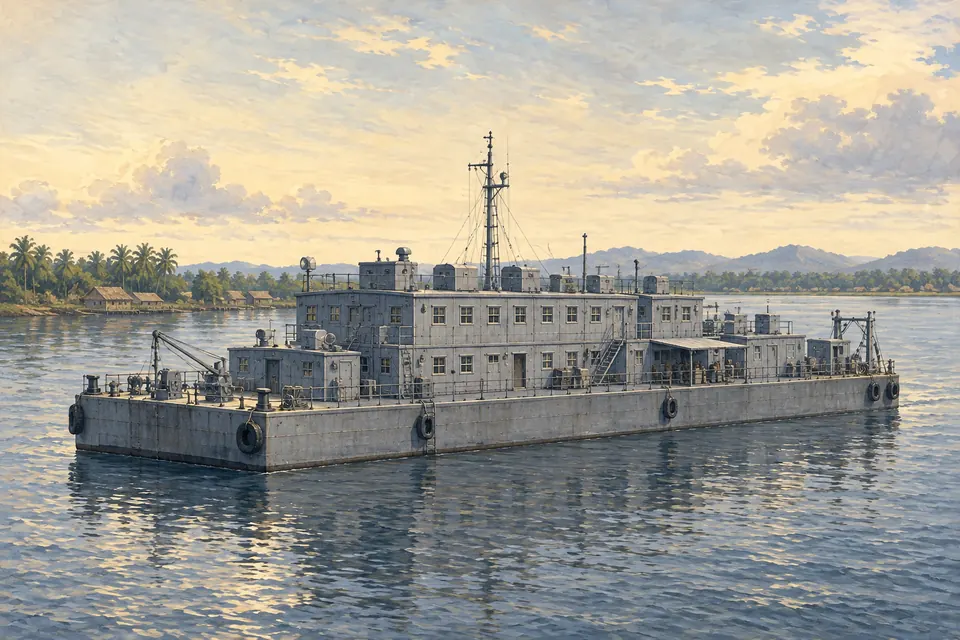 Illustration of a repair, berthing and messing barge.