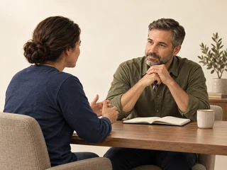 Two people at a table with a notebook between them