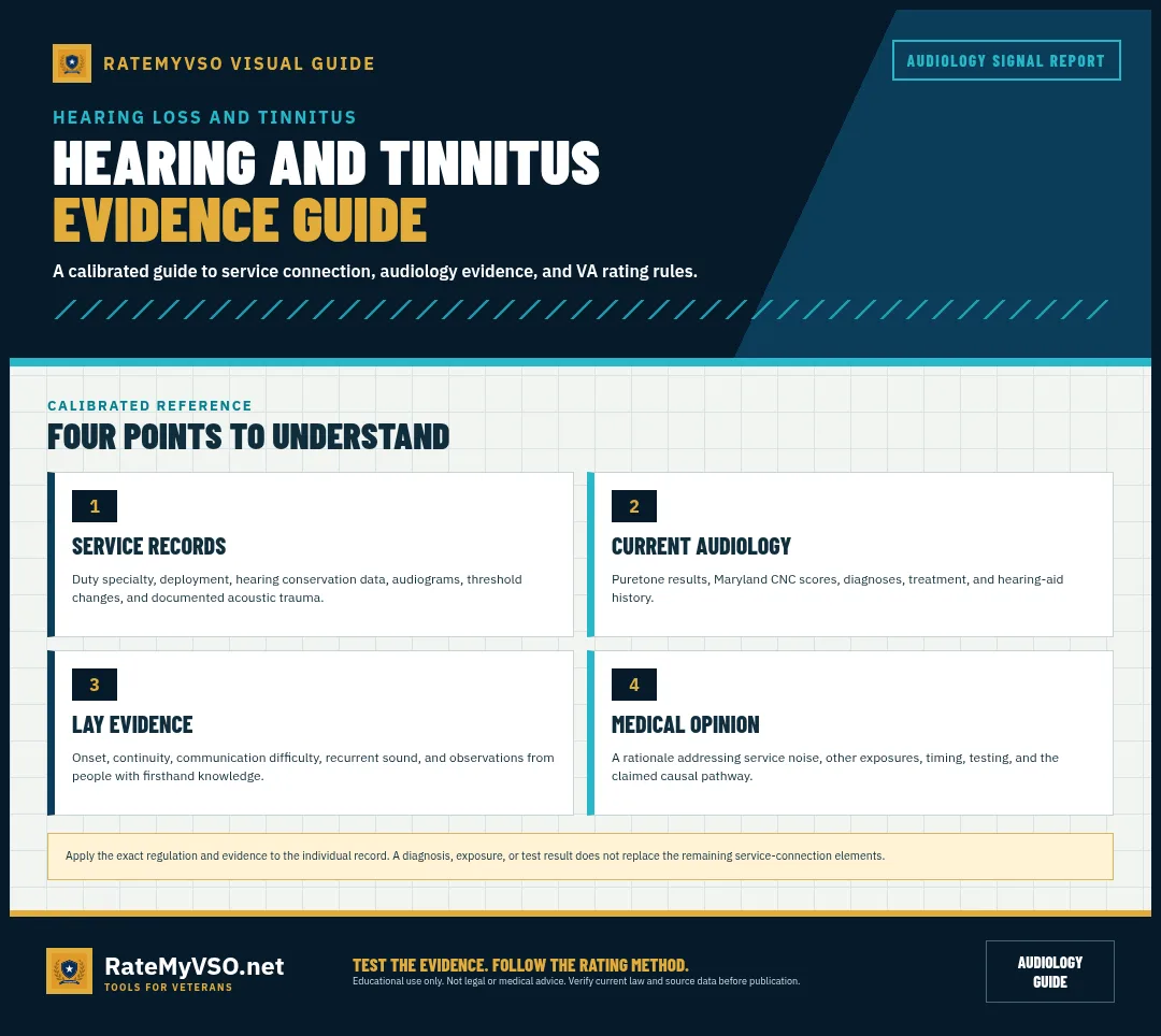 Service records, audiology, lay evidence, and medical-opinion evidence for hearing claims.