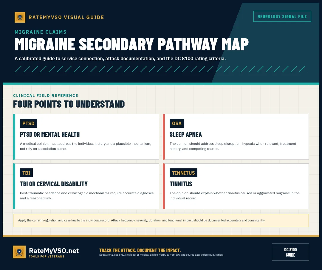 PTSD, sleep apnea, TBI or cervical disability, and tinnitus pathways.