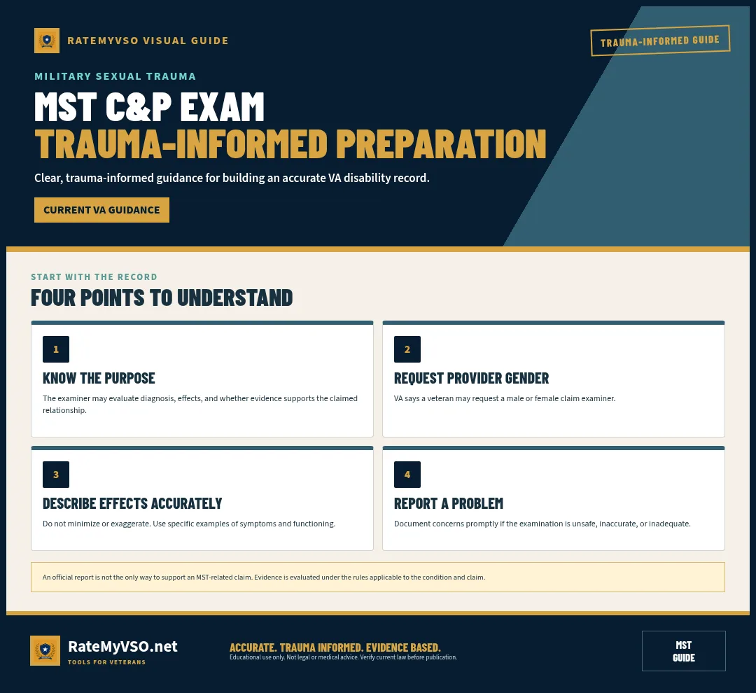 Trauma-informed preparation guide for an MST-related claim examination.
