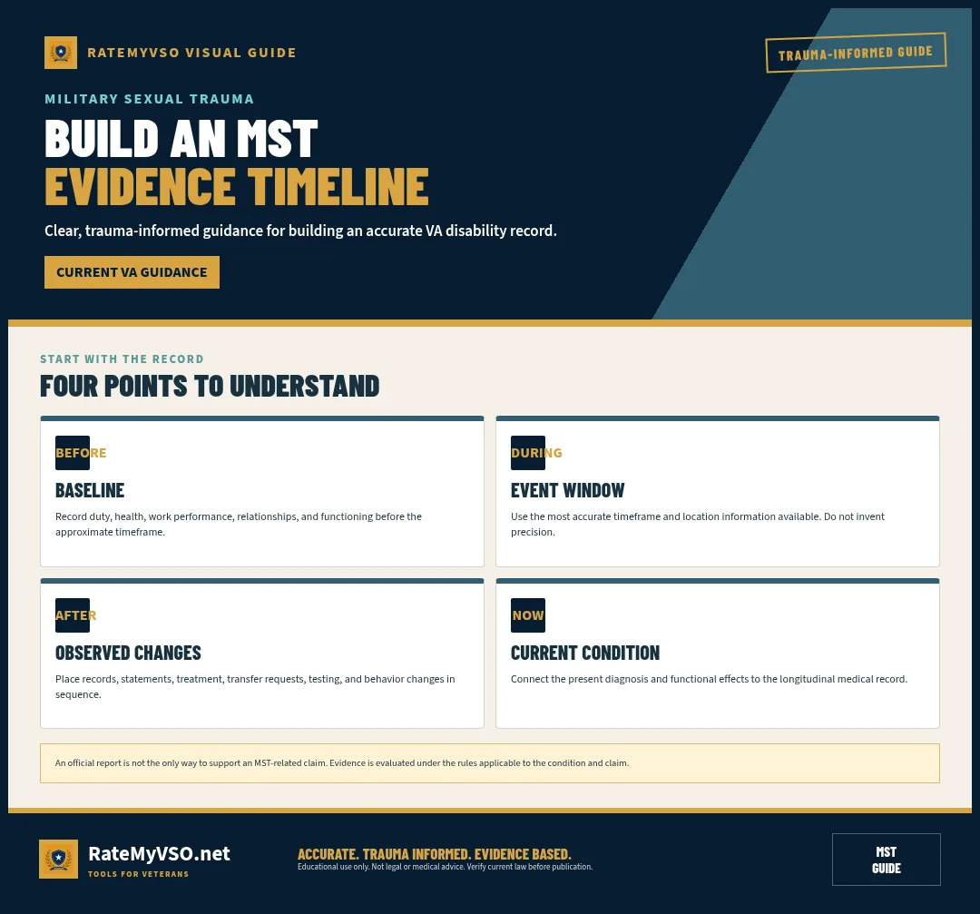 Timeline connecting baseline, event window, observed changes, and current condition.