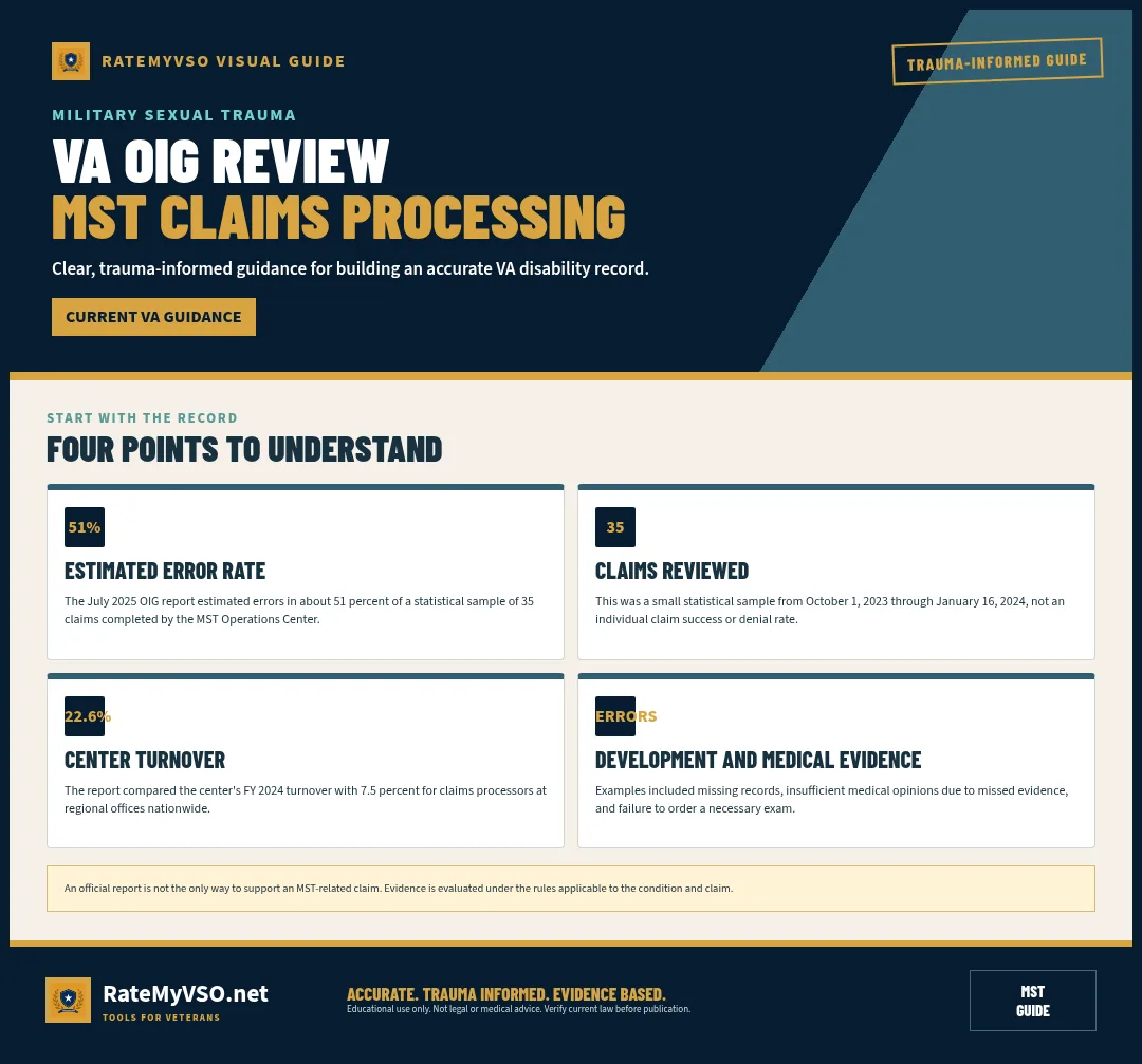 Summary of the July 2025 VA OIG review of MST Operations Center claims processing.
