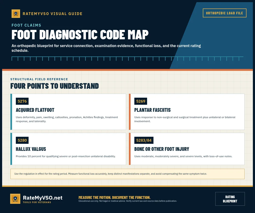 Flatfoot, plantar fasciitis, hallux valgus, and other foot-injury codes.