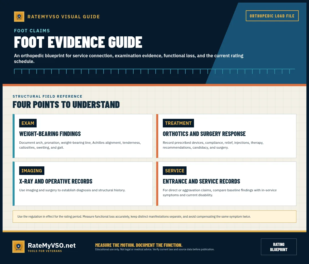 Weight-bearing findings, treatment response, imaging, and service records.