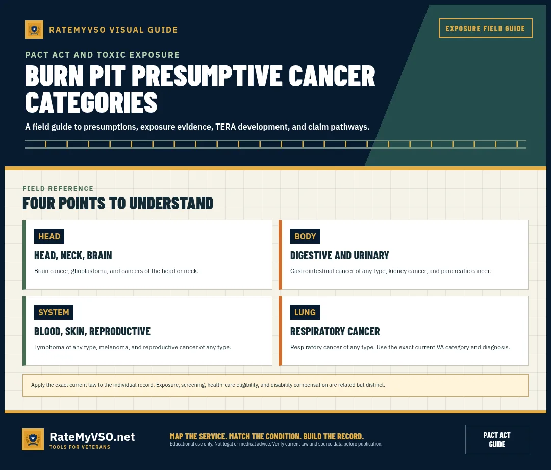 Grouped list of presumptive cancer categories.