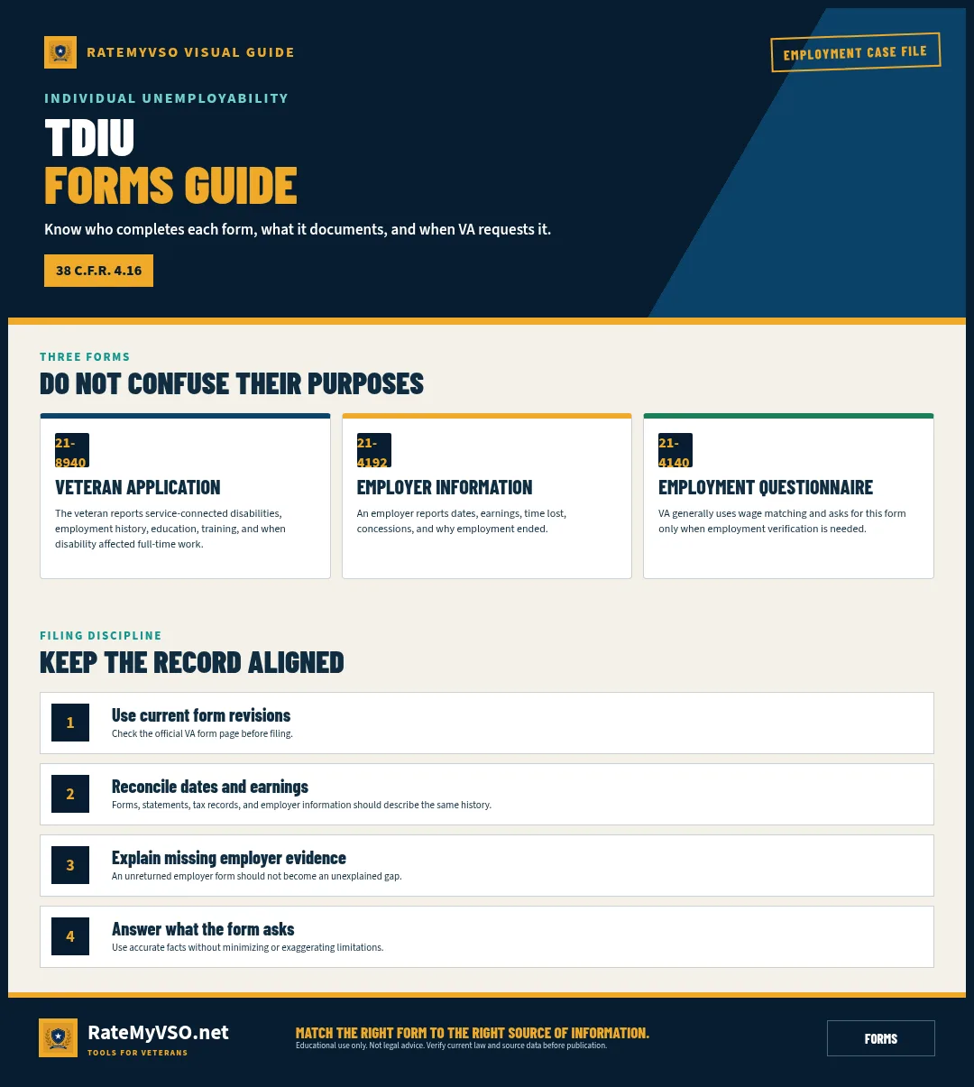 Guide to VA Forms 21-8940, 21-4192, and 21-4140.
