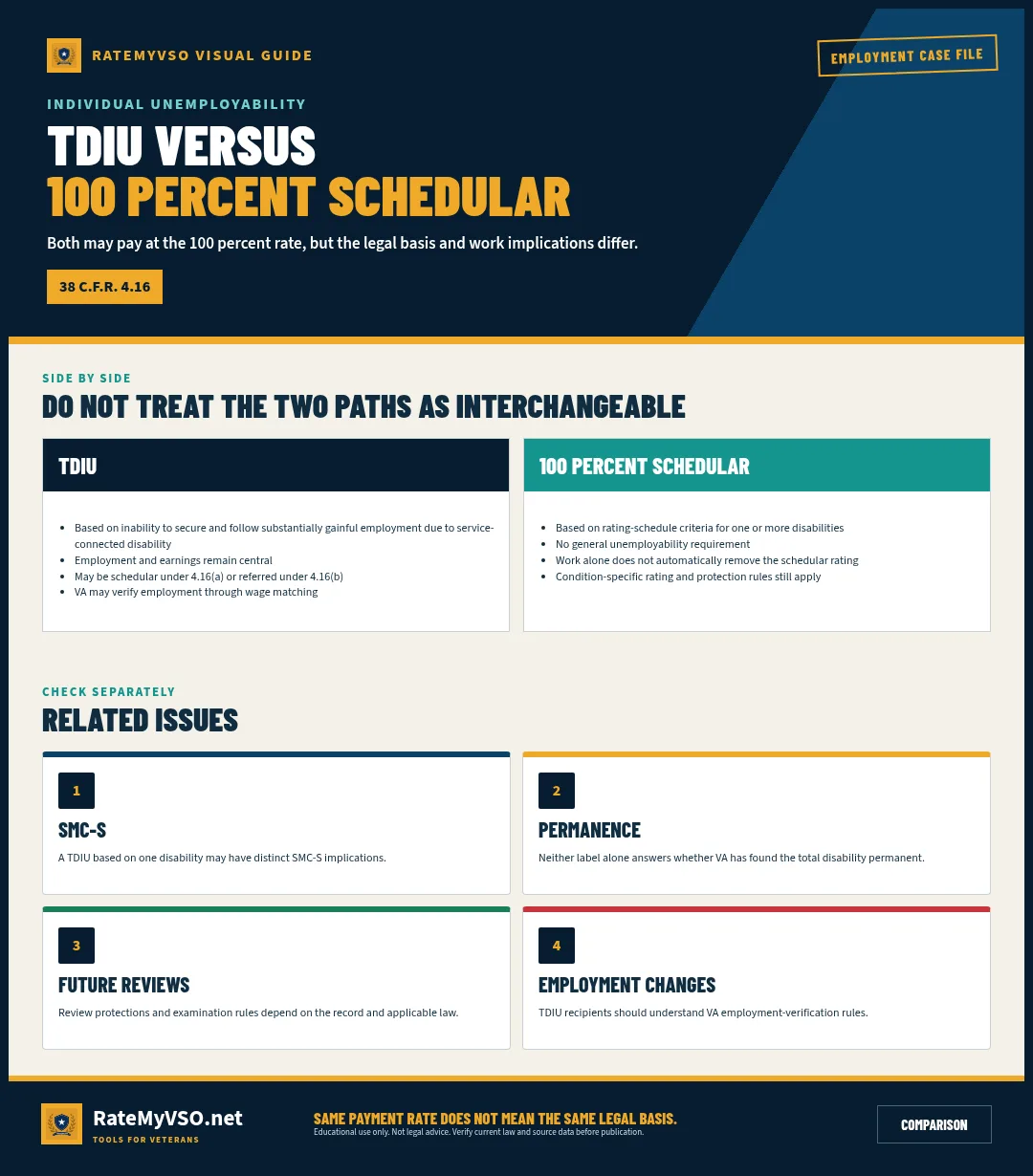 Comparison of TDIU and a 100 percent schedular disability rating.